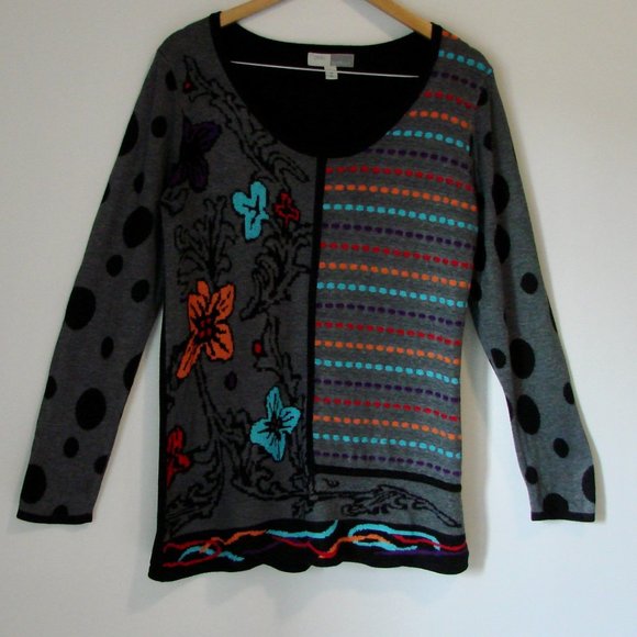 Gabby Isabella Tunic Sweater Colourful Floral Round Neck Gray Black Size Large - Picture 5 of 15
